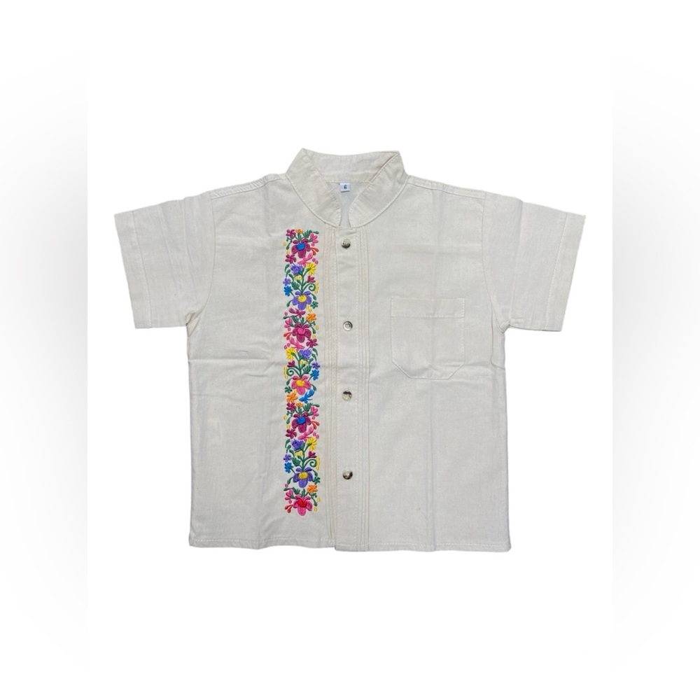 Cancún Mexican Boys Cream Linen Guayabera with Floral Embroidery